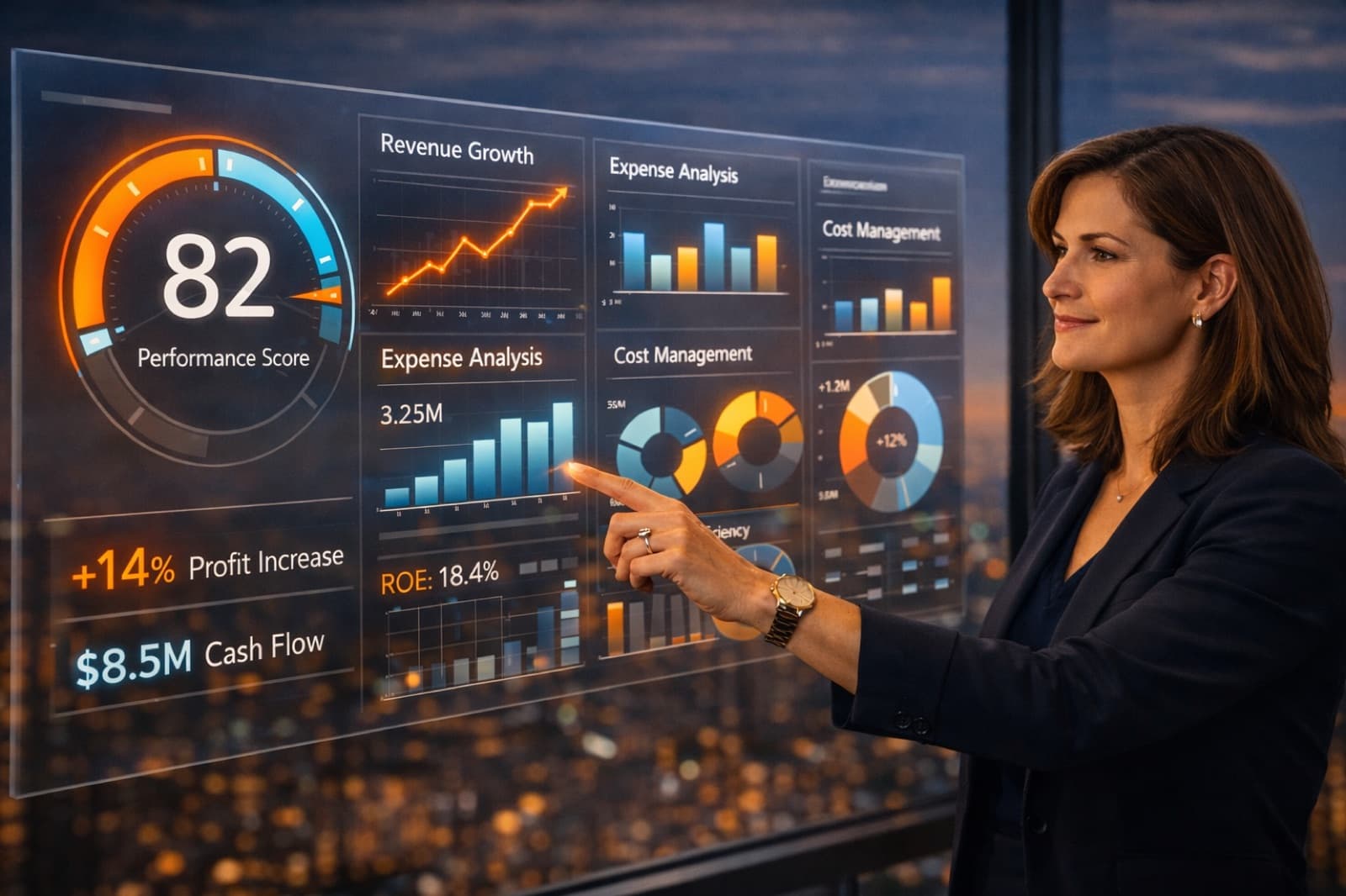 Finance executive reviewing AI readiness dashboard with city skyline at dusk